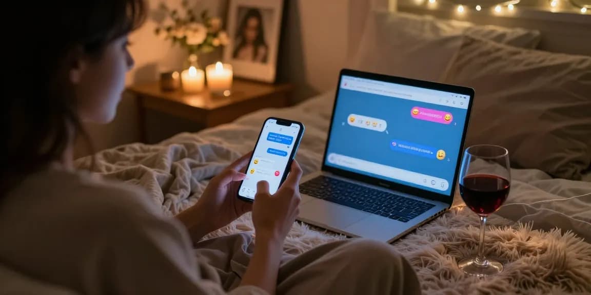 Engaging sexting AI conversation in a cozy bedroom with a smartphone.
