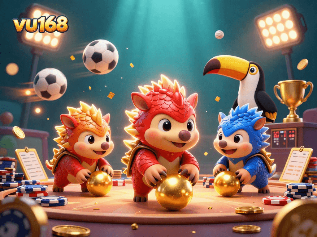 Engage with the thrilling world of vu168 as rival pangolins roll through vibrant poker chips and sports elements in an animated casino scene.