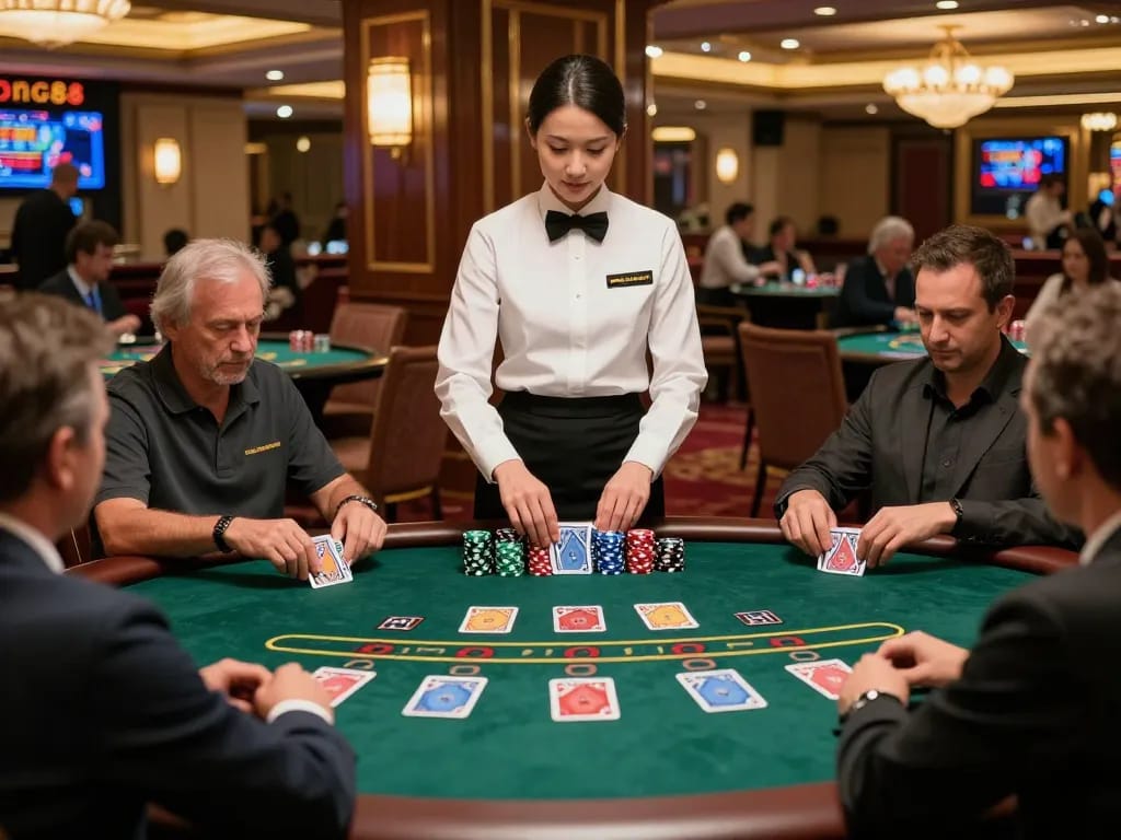 KONG88 players strategizing at a luxurious blackjack table, showcasing engaging gameplay.