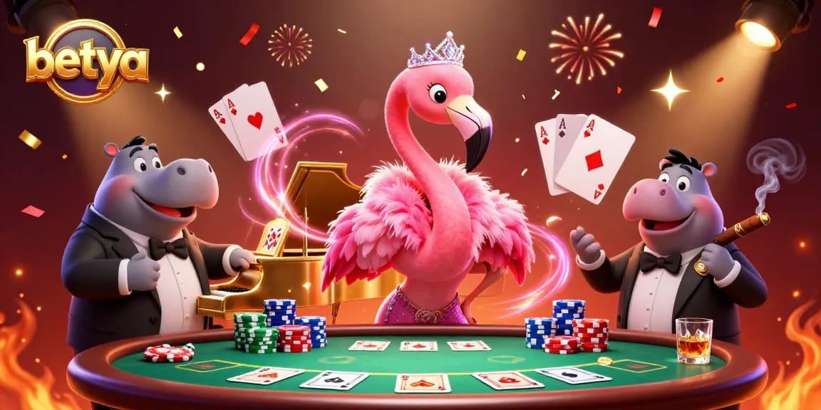 Enhance your game with betya's vibrant casino scene featuring a flamingo and hippo ensemble