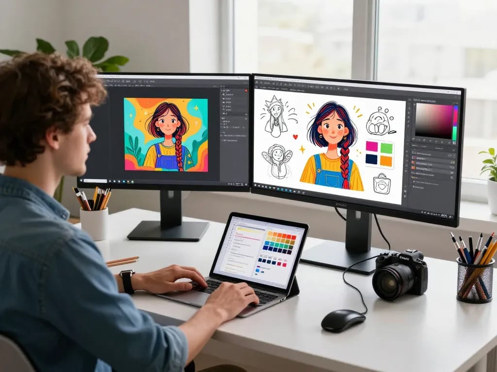 Designer using nano banana 2 in a vibrant creative workspace, showcasing AI-generated images and sketches.