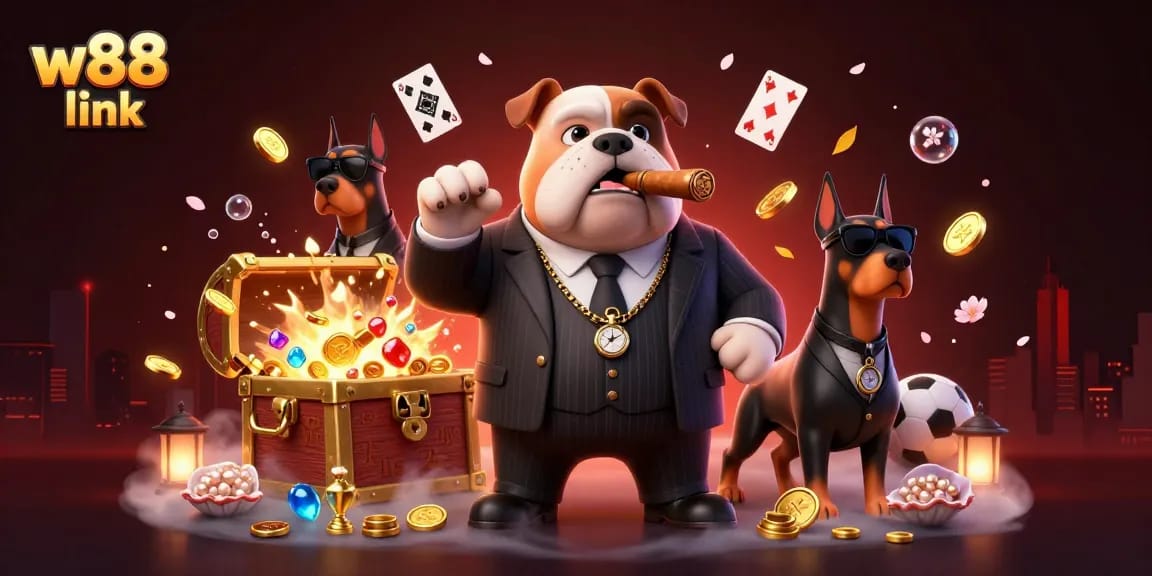 Experience w88 link with a vibrant 3D scene featuring a cartoon mafia bulldog and his Doberman bodyguards engaged in exciting gambling elements.