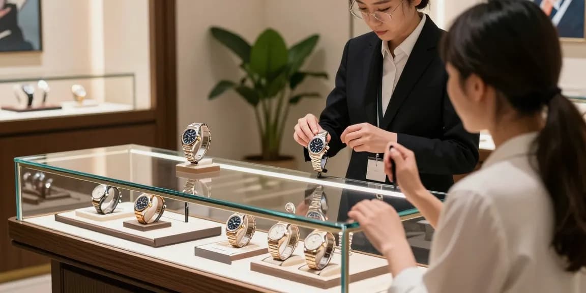 Showcase of premium clone watches like Rolex and Audemars Piguet in an upscale boutique.
