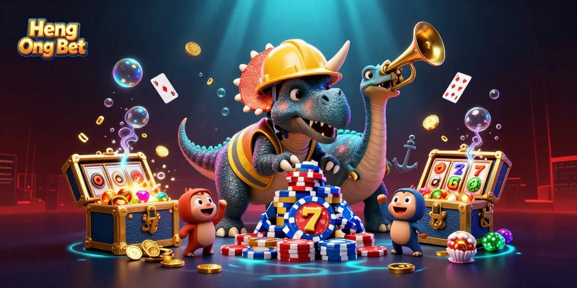 Engage with Heng Ong Bet's exciting slots, featuring a dynamic casino illustration with vibrant characters.