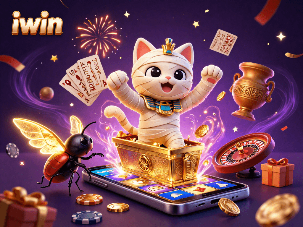 Play with iwin's vibrant gaming elements, featuring a mummy cat and scarab beetle in action.