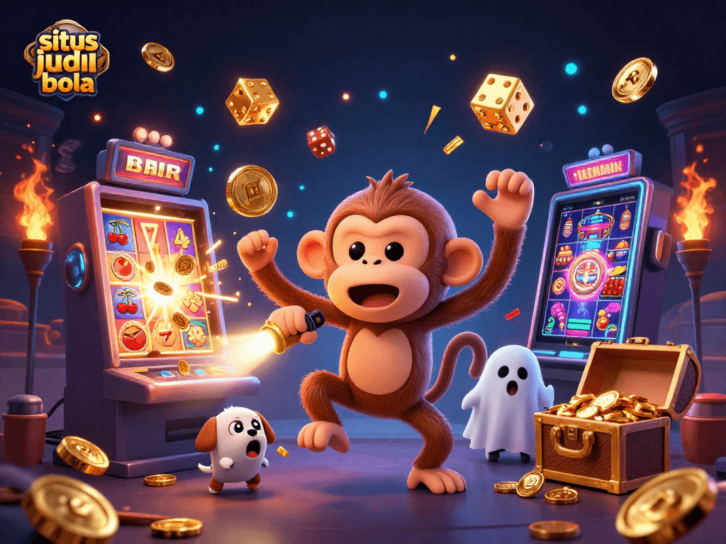 Engage with situs judi bola in this dynamic illustration featuring golden coins and playful characters in a vibrant casino environment.