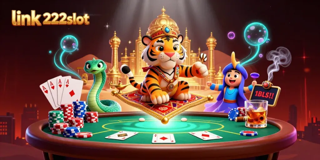 Menghasilkan kemenangan di link 222slot dengan tumpukan chip poker dan suasana kasino yang megah.
