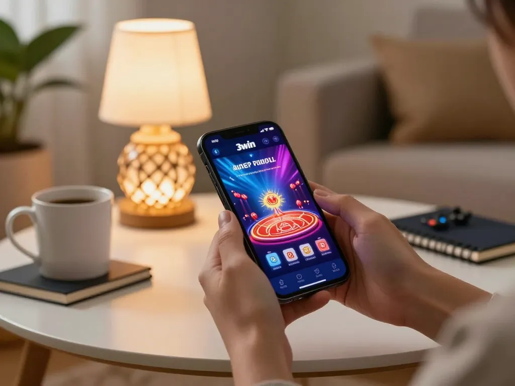 Engaging mobile casino gaming experience with the 3win app in a cozy living room setting.