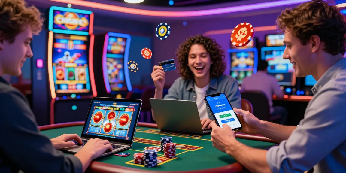 Exciting online gaming atmosphere at credit card casinos UK with players enjoying live dealer and slot games while making secure deposits.