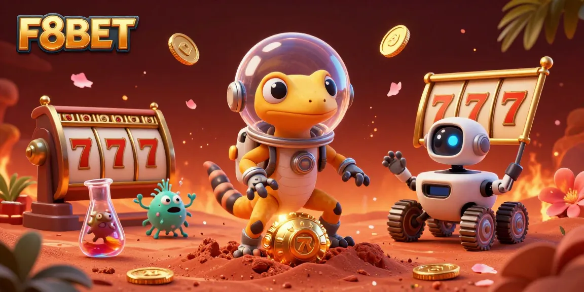 Experience the excitement of F8BET with a 3D Martian gecko discovering a golden casino in vibrant colors.