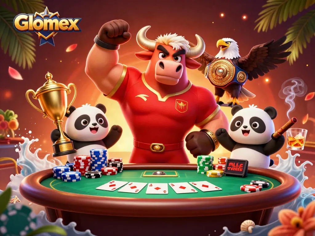 Experience Glomex gaming excitement with a victorious bull mascot and friends at the poker table.