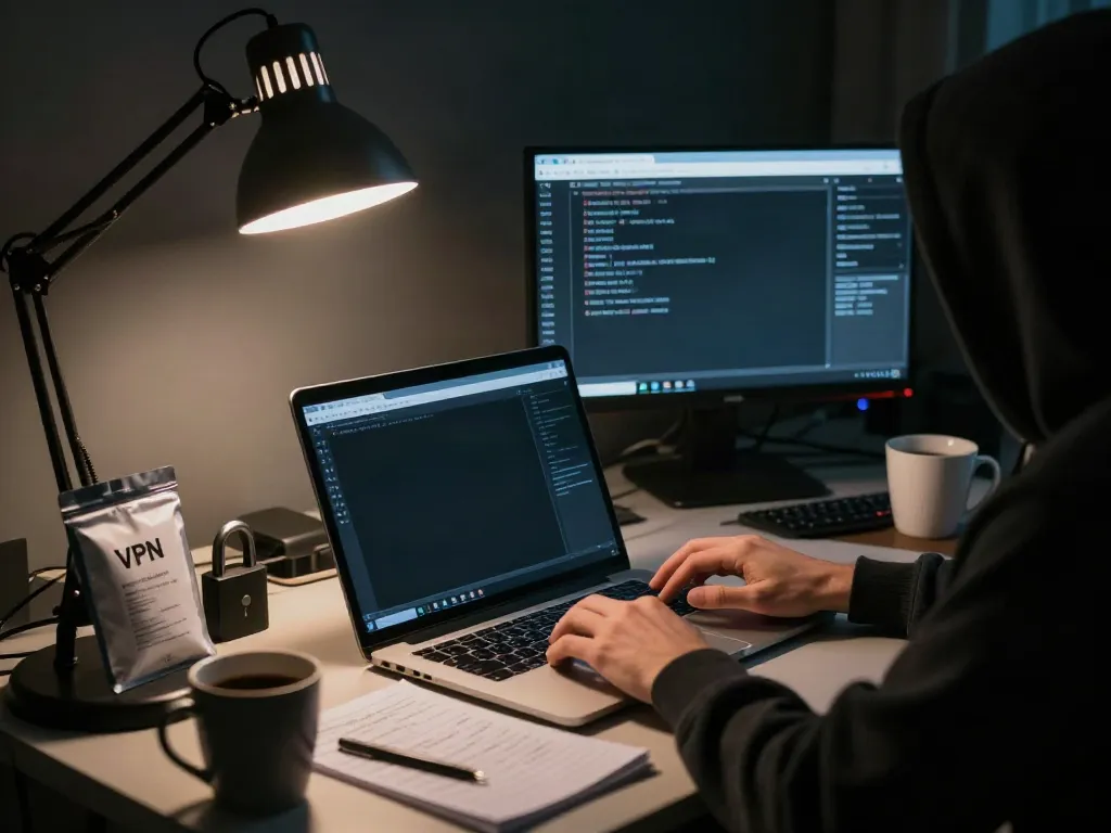 A person researching the hidden wiki on a computer in a dimly lit room with security notes and .onion links open on screen.