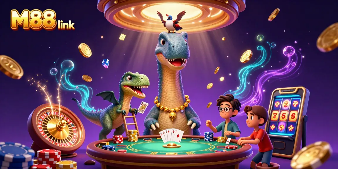 Experience the excitement of M88 link with a vibrant 3D casino scene featuring lavish gameplay elements.