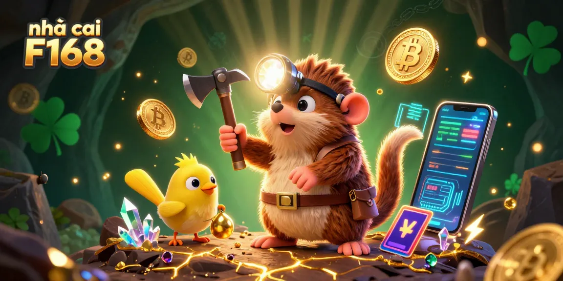 Engage with nhà cái F168 in this vibrant 3D illustration of a treasure hunting scene featuring cryptocurrency elements.