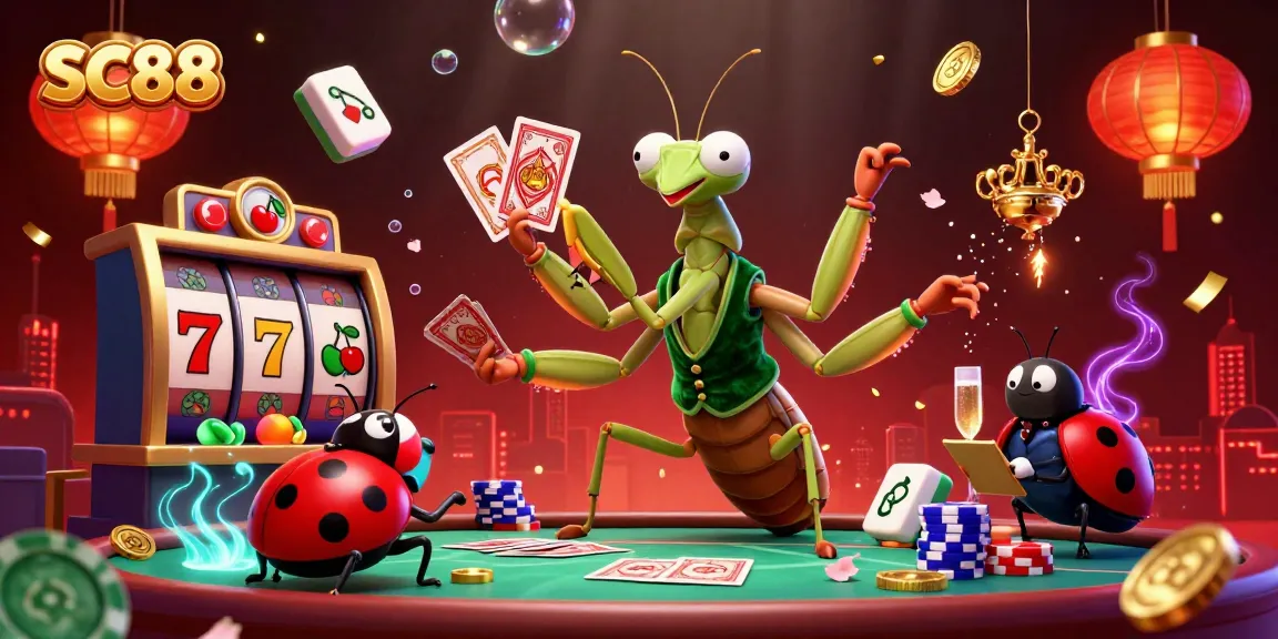 SC88 casino scene with vibrant characters dealing cards and shuffling chips amidst lively casino elements.