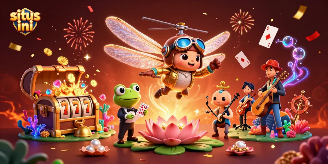 Situs ini presents a vibrant casino scene with a flying dragonfly pilot and a frog dealer, capturing the thrill of gaming