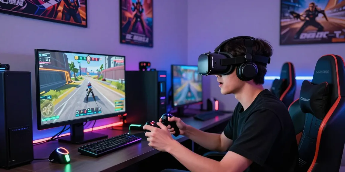 Pengalaman terjun4d yang mendebarkan dengan pemain menggunakan headset VR di ruang gaming modern.