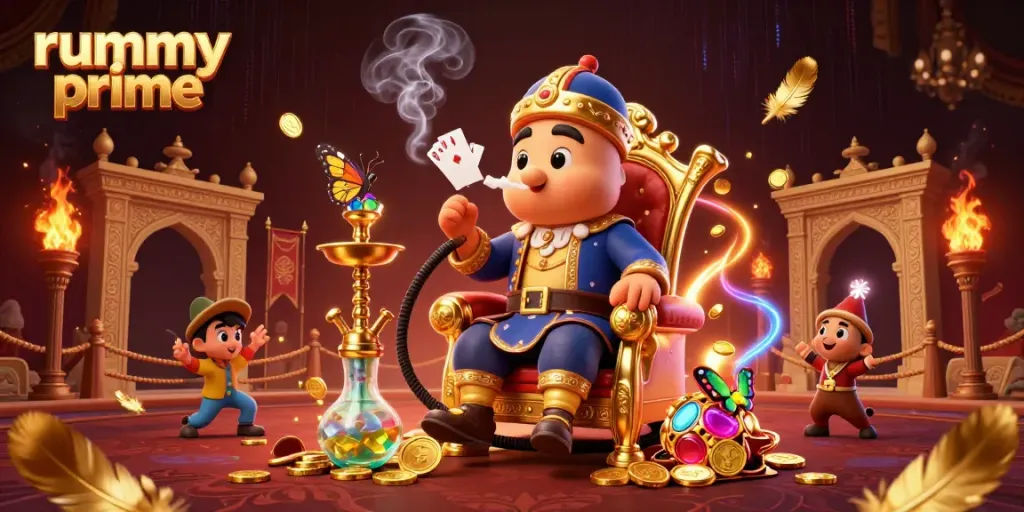 Engage in thrilling Rummy Prime gameplay with a vibrant illustration of a whimsical hookah-master and casino elements.