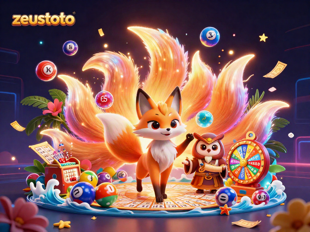 Engage with zeustoto as vibrant lottery balls bounce around a mystical scene with a nine-tailed fox and wise owl.