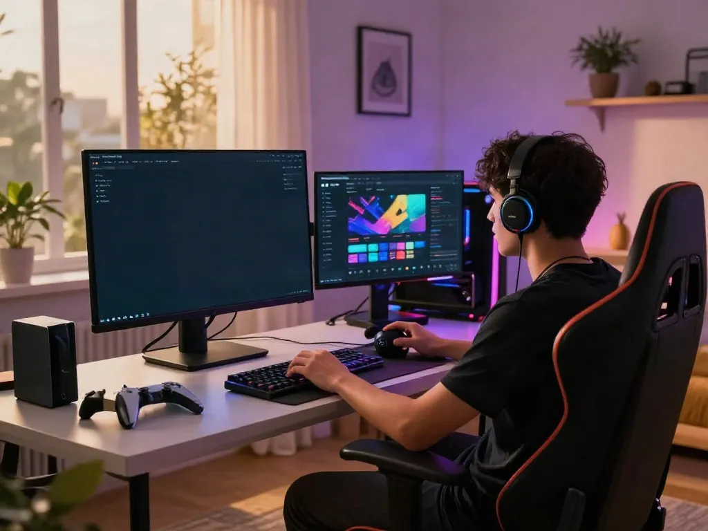 Engaged gamer using akunjp online gaming platform in a vibrant living room.