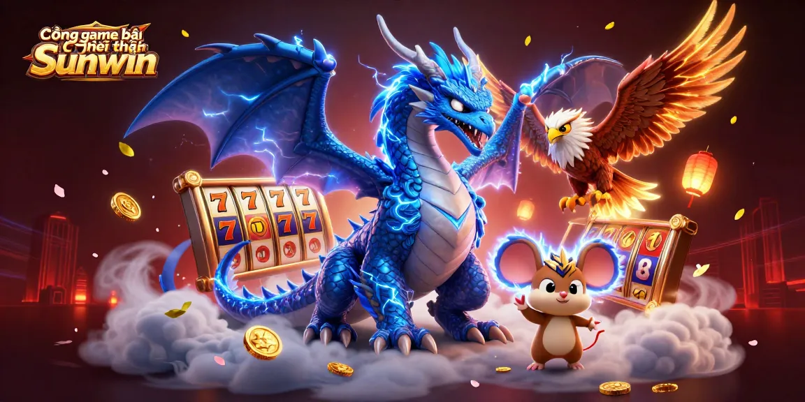 Cổng game bài đổi thưởng Sunwin features a dynamic scene with a powerful dragon and vibrant gaming elements, celebrating online casino excitement.