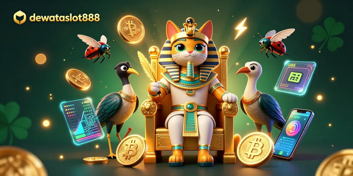 Menangkan jackpot di dewataslot888 dengan ilustrasi kucing firaun dan elemen slot yang menarik.