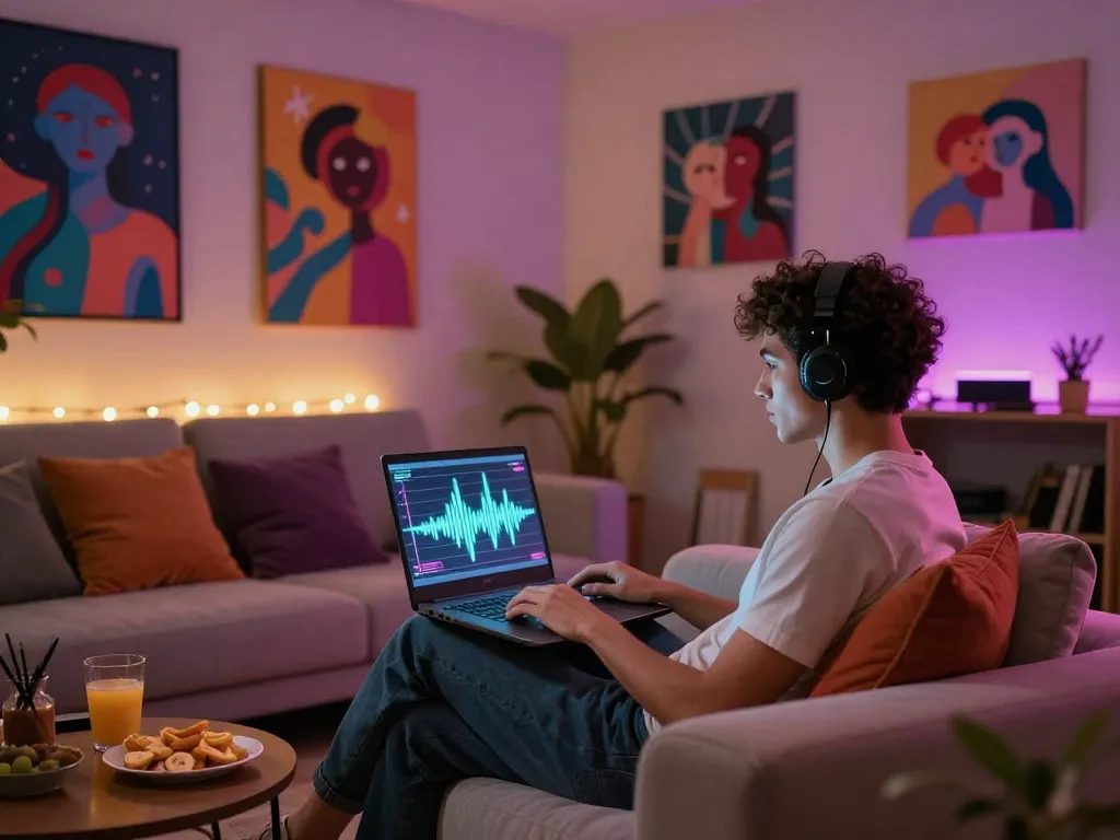 Engaging NSFW AI scene with user interacting in cozy lounge, showcasing modern tech and vibrant atmosphere