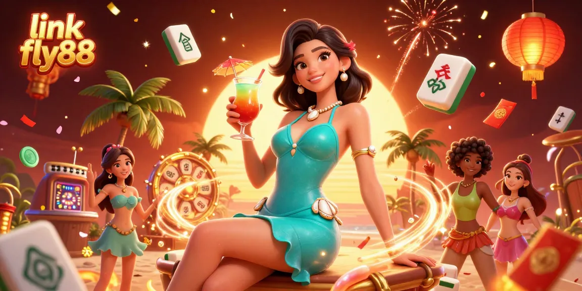 Win big with link fly88 at the vibrant beach casino featuring an Asian woman enjoying a cocktail.