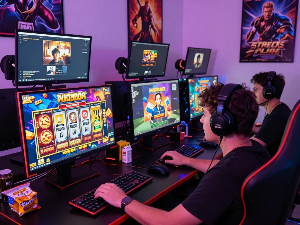 Lingkungan permainan online yang menarik dengan seorang pemain terlibat dalam putaran slot gacor, grafik yang cerah, dan suasana yang imersif.