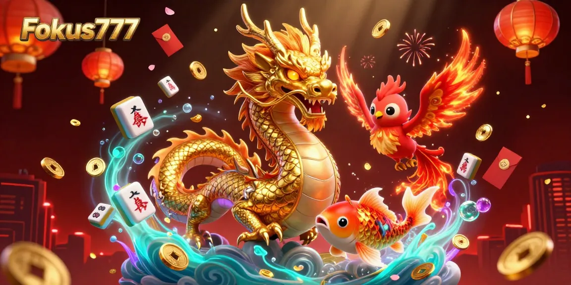 Engage with the exciting Fokus777 casino as fiery dragon and phoenix celebrate wins in a dazzling display.