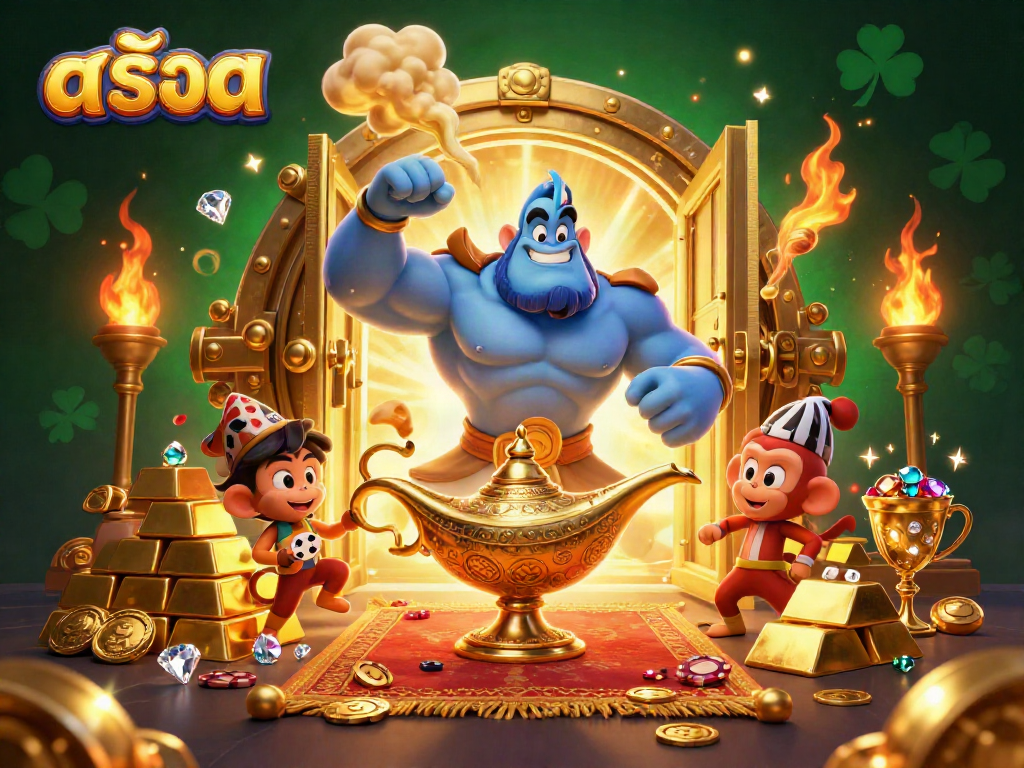 Spin the reels of fortune with the enchanting สล็อต as treasures and gems swirl around the genie.