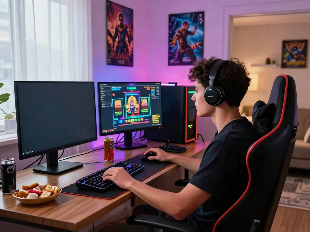 Akunjp online gaming enthusiast enjoying a slot machine game in a vibrant gaming setup.