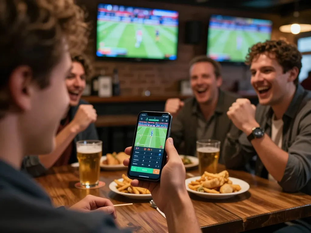 Soc88 user placing live bets on a sports game using a smartphone app in a vibrant sports bar atmosphere