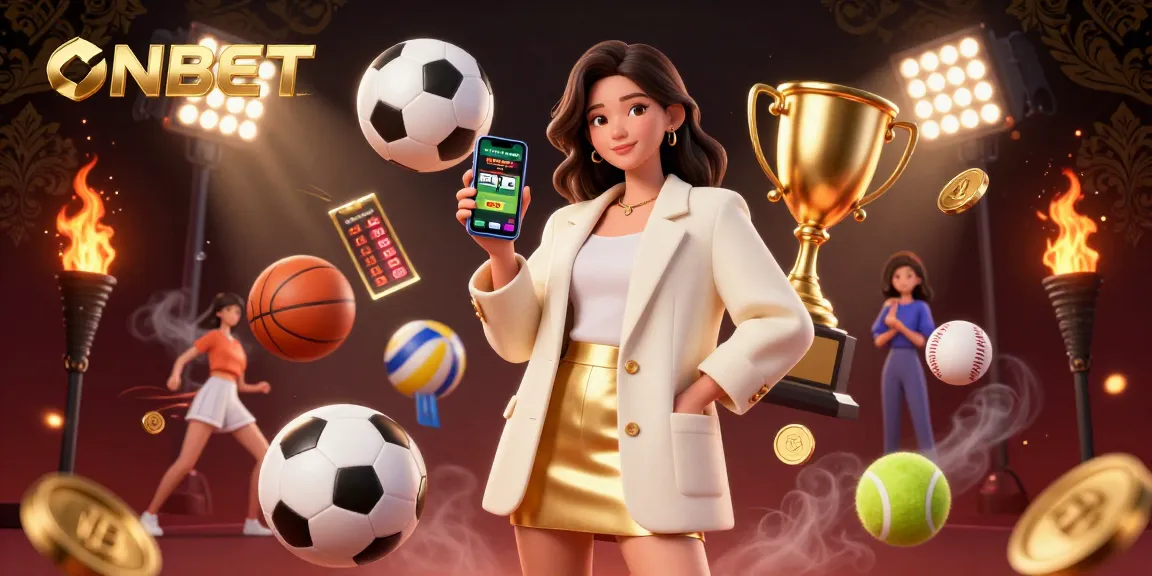 Engage in winning sports strategies with ONBET featuring a vibrant Asian woman highlighting mobile betting.