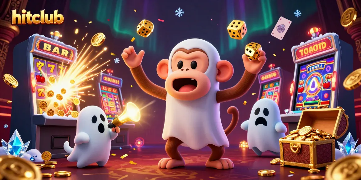 Hitclub's thrilling scene showcases a poltergeist monkey juggling casino treasures in a haunted casino.