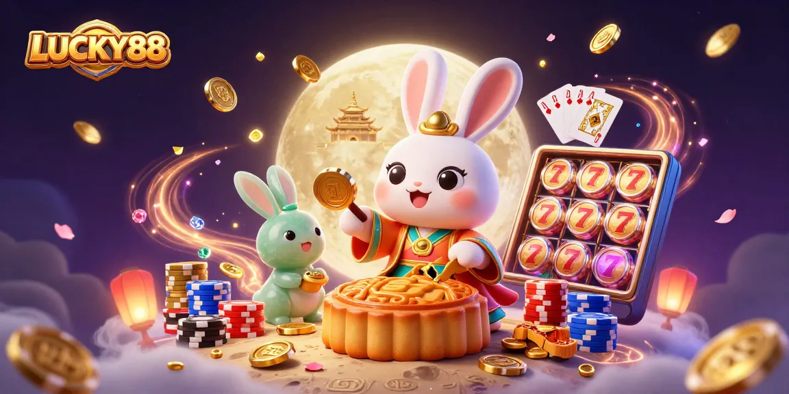 Experience LUCKY88's magic with a festive scene of a moon rabbit and jackpot elements in a vibrant casino atmosphere.