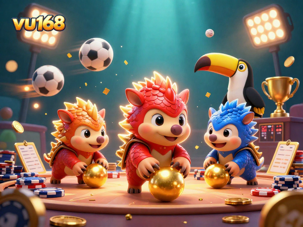 Engage with the thrilling world of vu168 as rival pangolins roll through vibrant poker chips and sports elements in an animated casino scene.