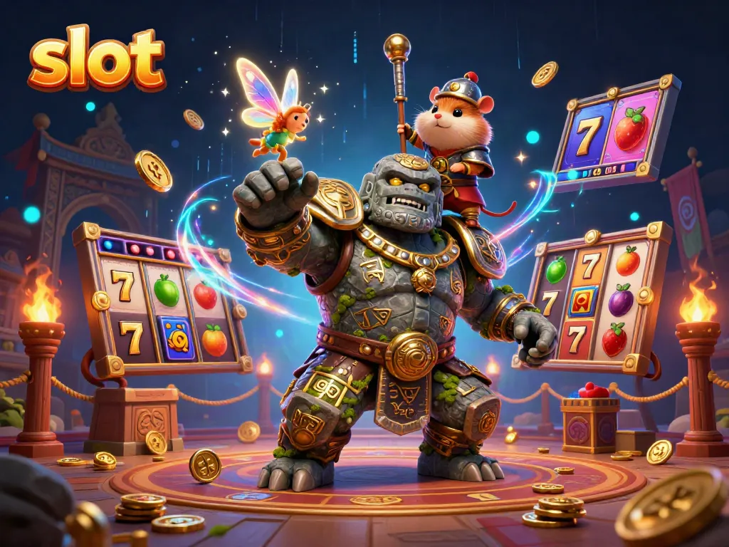 Spin to win at exciting slot games with a magical scene featuring a golem guardian and fairy.