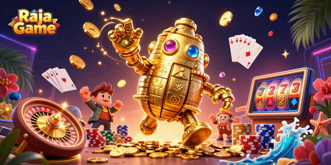 Engage with Raja Game's thrilling mechanics through vibrant 3D casino art showcasing lively golems and rich game elements.