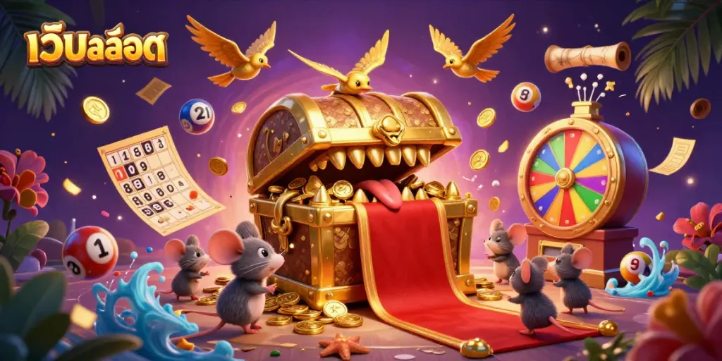 Engage in เว็บสล็อต excitement with dynamic illustrations of colorful lottery elements and treasure chests.