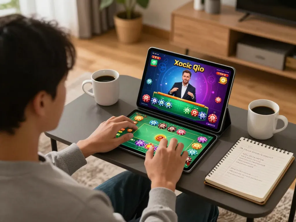 Xóc đĩa online gameplay on a tablet with vibrant graphics and cozy home setting.