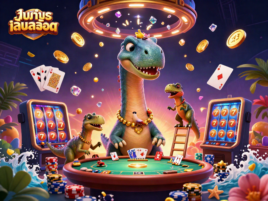 Play ทดลองเล่นสล็อต with vibrant characters and casino elements in a captivating 3D scene.