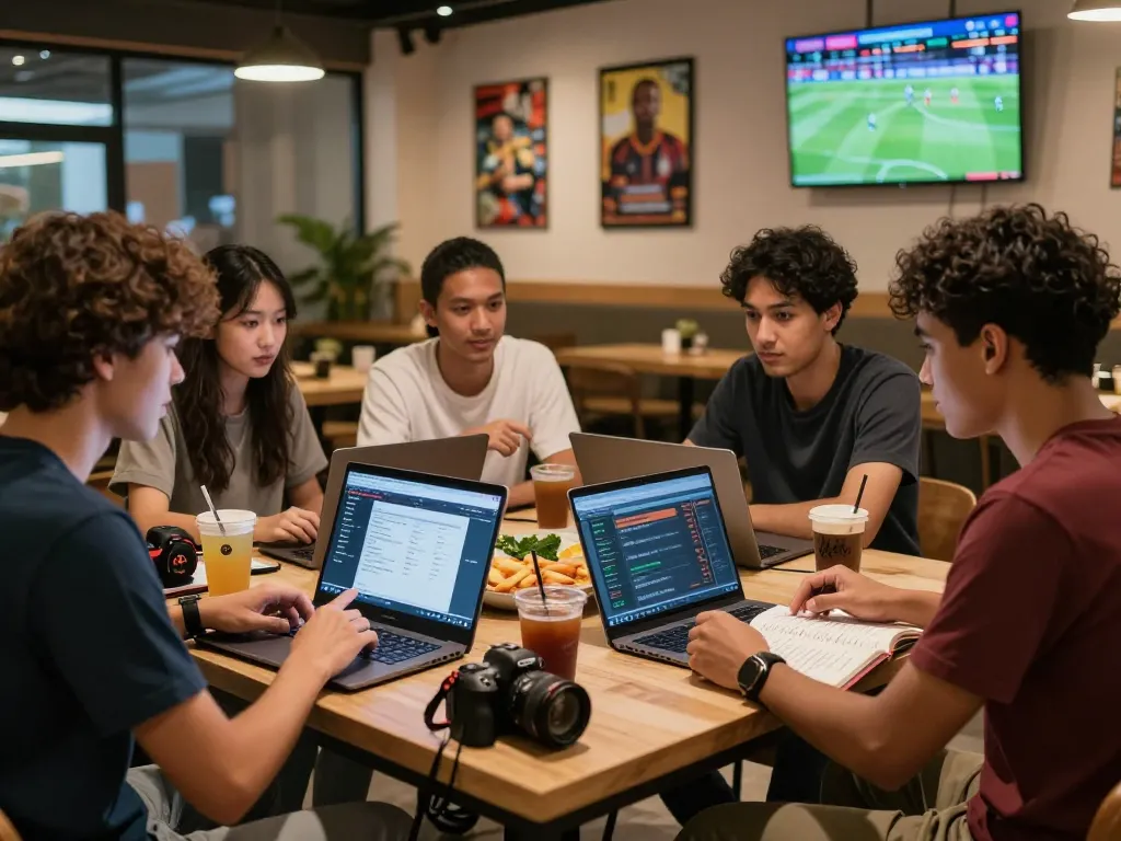 Kumpulan dinamis yang membahas strategi judi bola online di suasana kafe yang nyaman.