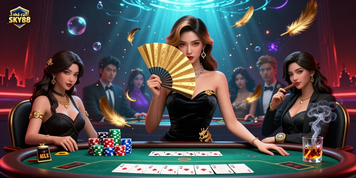 Experience the excitement of nhà cái SKY88 with a stunning illustration of poker action and elegant casino atmosphere.