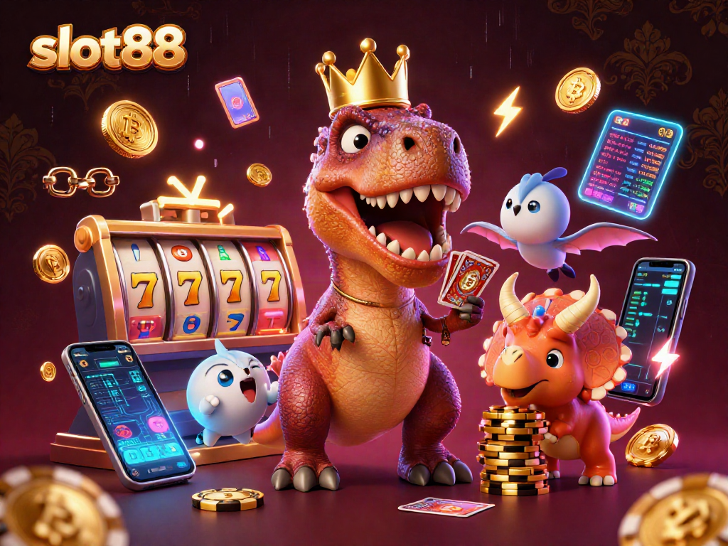 Engage in slot88 gaming with a T-Rex card dealer, vibrant crypto elements, and a baby triceratops stacking chips.