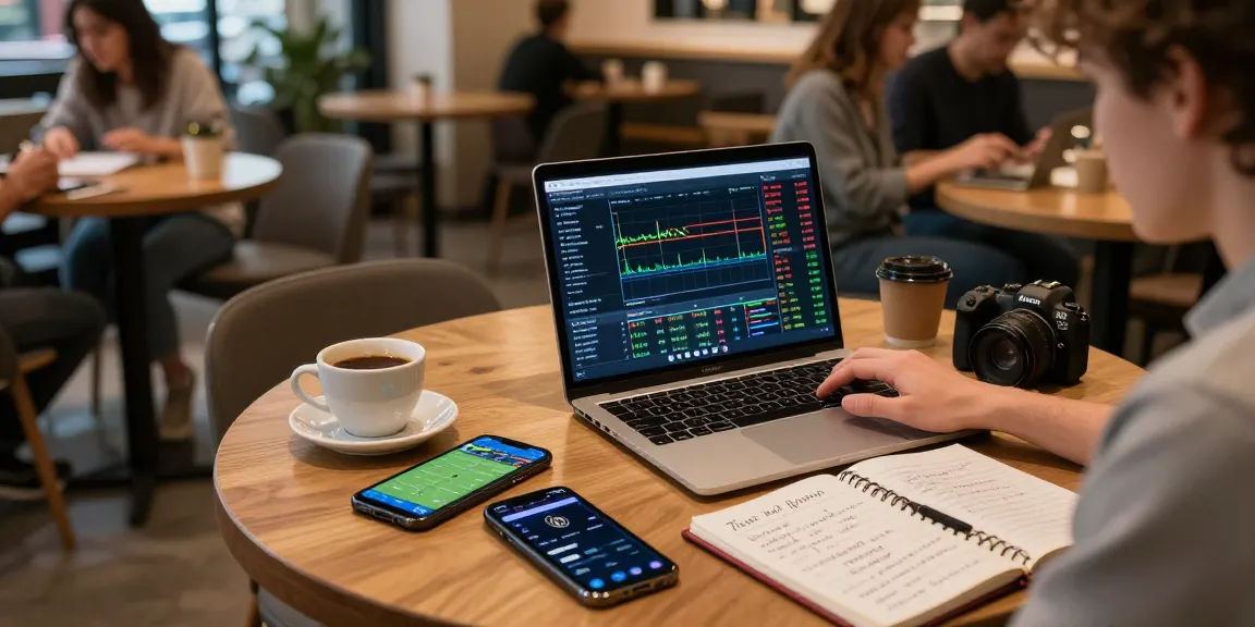 Funexchange cryptocurrency trading scene in a coffee shop with live sports and crypto charts displayed.