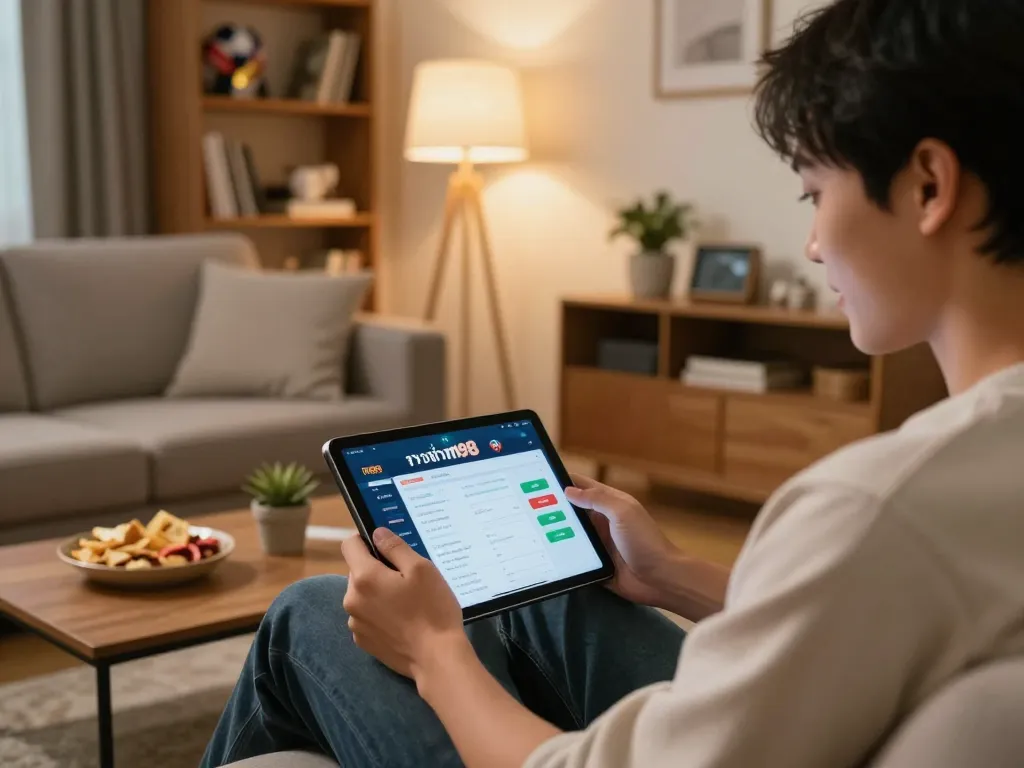 Person using ทางเข้า m98 betting app on tablet in a cozy living room setting