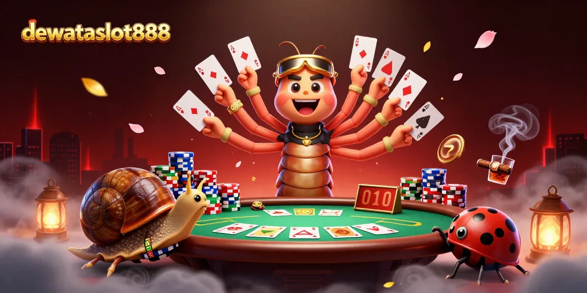 dewataslot888 dealer kartun 3D dengan ribuan tangan mengatur kartu dalam suasana kasino yang meriah