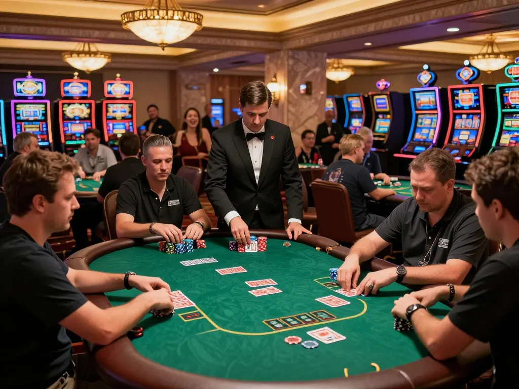 Players immersed in high-stakes poker at Casinosscope, dynamic casino floor full of action.