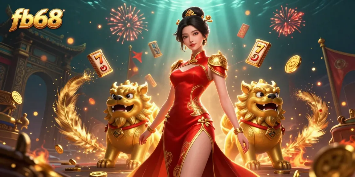 Win big with fb68: a glamorous Asian woman among fortune symbols in a vibrant casino scene.